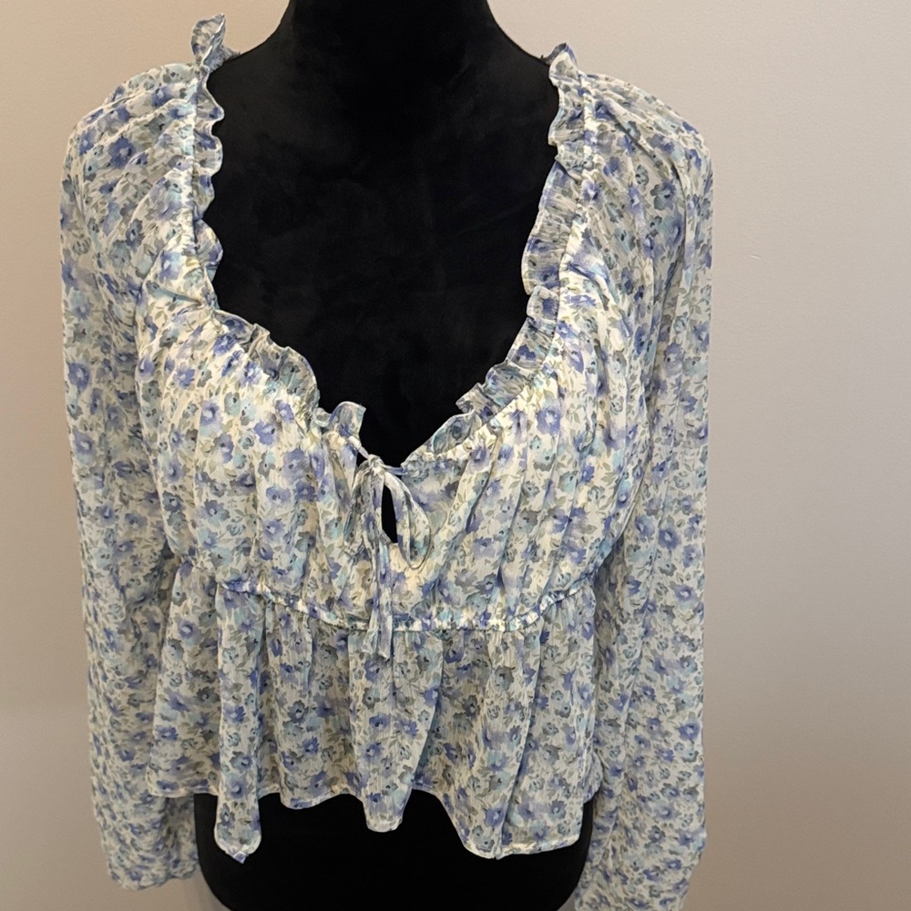 Full Tilt Floral Ruffle Blouse - Blue and Cream